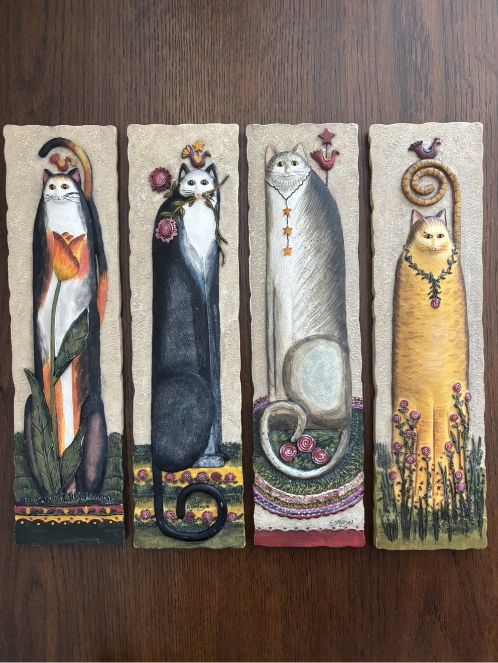 Vintage Whimsical 3D Cat Plaques Set of 4 Folk Wall Art 10.75" x 2.75" E Smithso